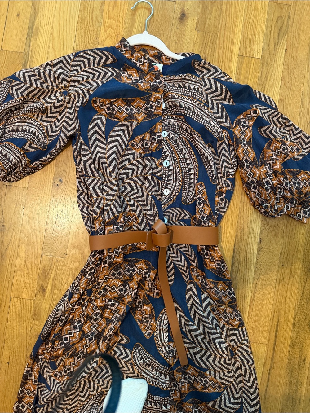 FARM Rio Navy & Brown Printed Tie-Waist Midi Dress- missing belt- - Picture 6 of 6